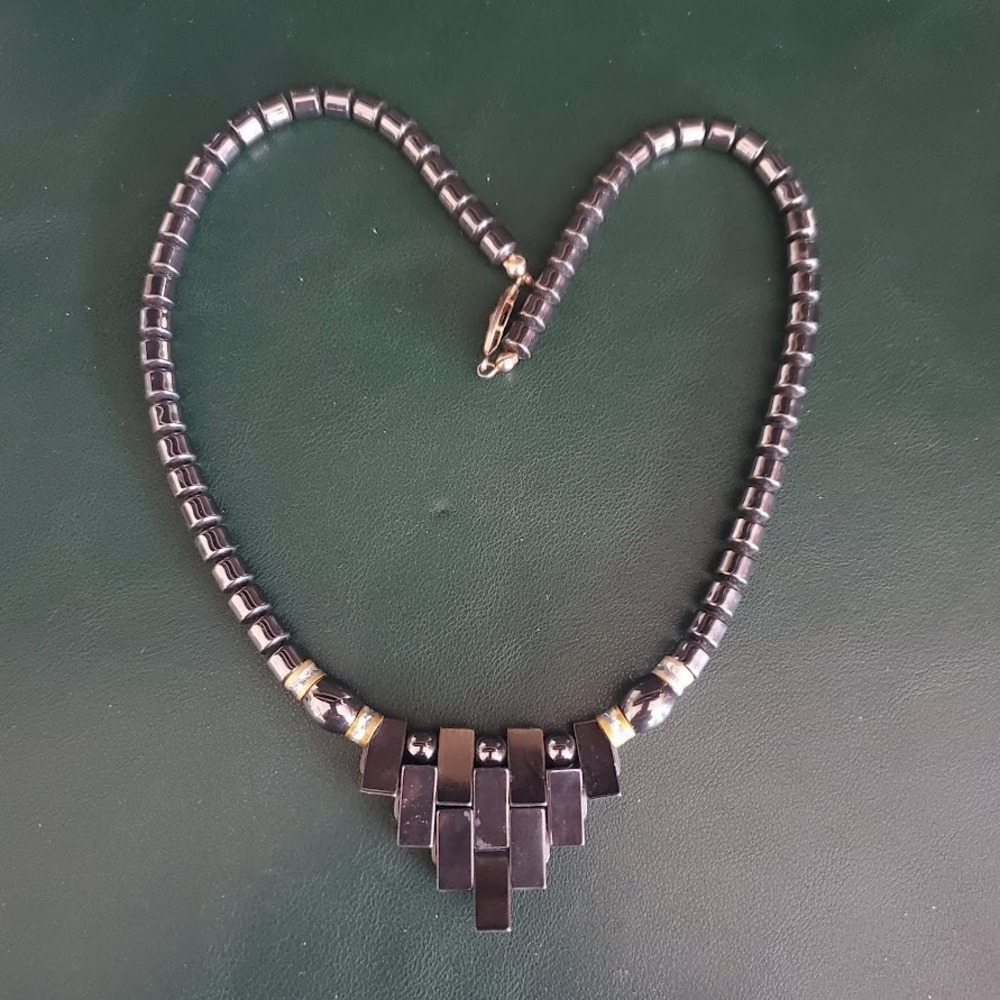 Vintage‎ Hematite Necklace Geometric Charm Metallic Gray Fishhook Clasp 18 Inch